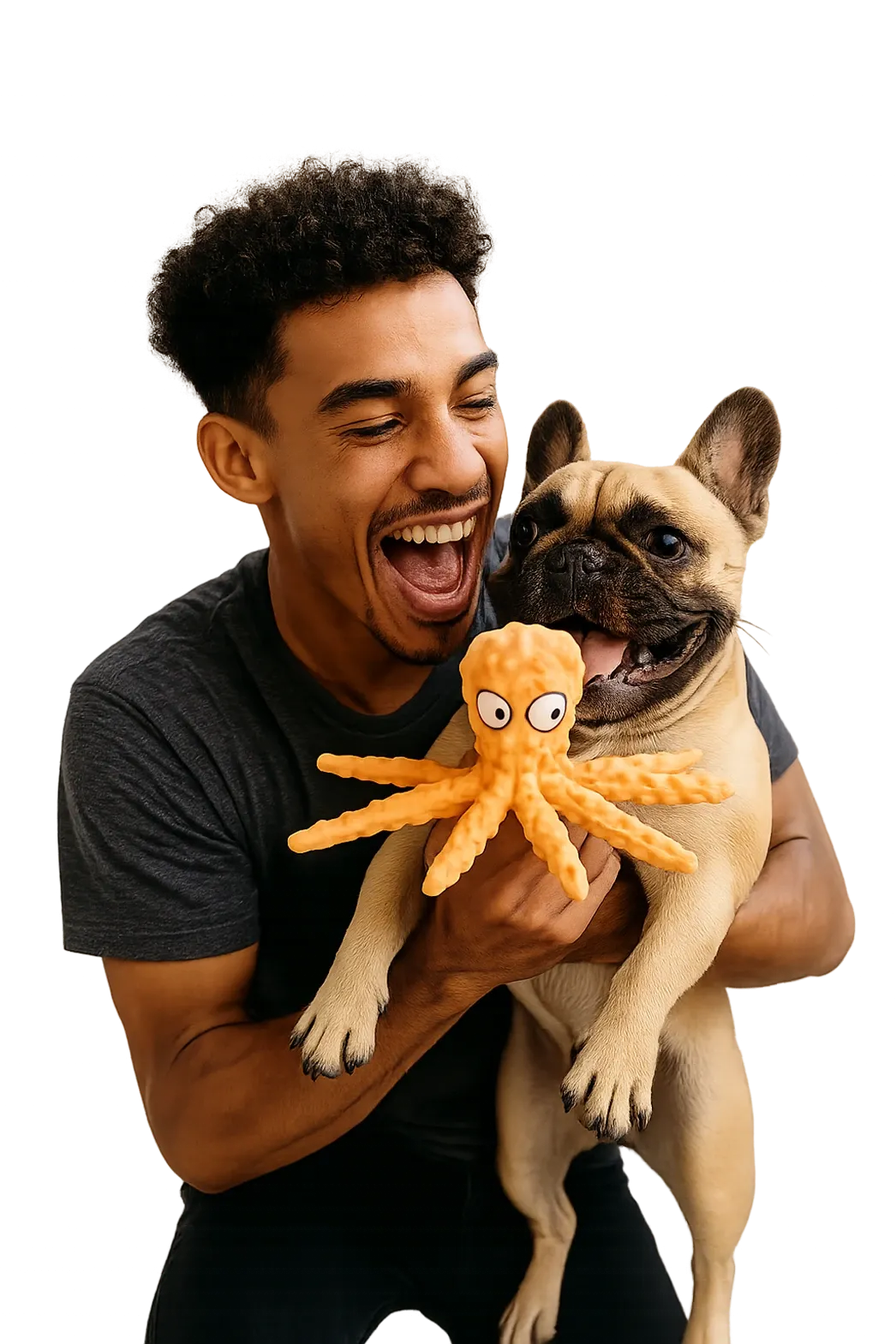 Persona feliz con su perro y un juguete